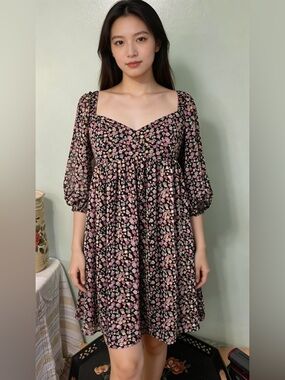 Wayf Black Mini Dress with Pink & Cream Floral Print size Small